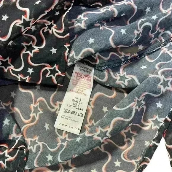 TopShop Sheer Navy Blue Red Star Print Ruffled Tiered Long Sleeve Blouse Size 4 - Picture 5 of 8